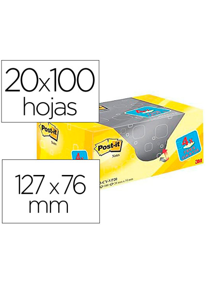 Bloc de notas adhesivas quita y pon post-it amarillo canario 76x127 mm pack promocional 16+4 gratis