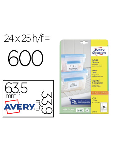 Etiqueta adhesiva avery para congelador blanca 63,5x33,9 mm ink-jet laser fotocopiadorapack de 600 unidades