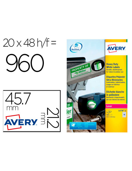 Etiqueta adhesiva resistente avery poliester blanco laser 45,7x21,2 mm caja de 960 unidades