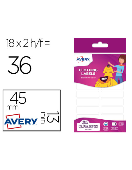 AVERY ETIQUETAS ADHESIVAS PARA TEJIDOS 45X13MM SIN PLANCHA PACK DE 36 BLANCO