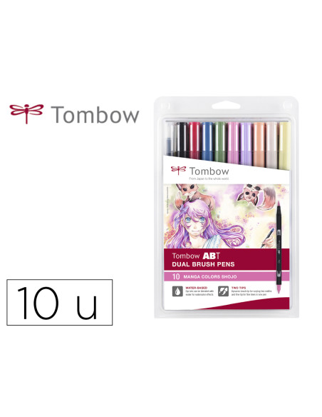 Rotulador tombow abt dual brush acuarelable doble punta fina/pincel estuche de 10 colores manga shojo