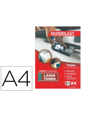 Papel plastico yosan paperplast poliester blanco brillo din a4 200 mc imprimible paquete de 50 hojas