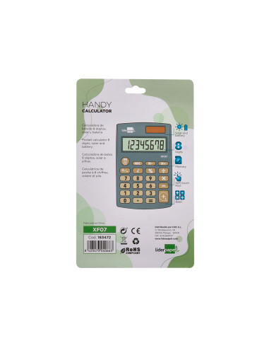 Calculadora liderpapel bolsillo xf07 8 digitos solar y pilas color gris 98x62x8 mm