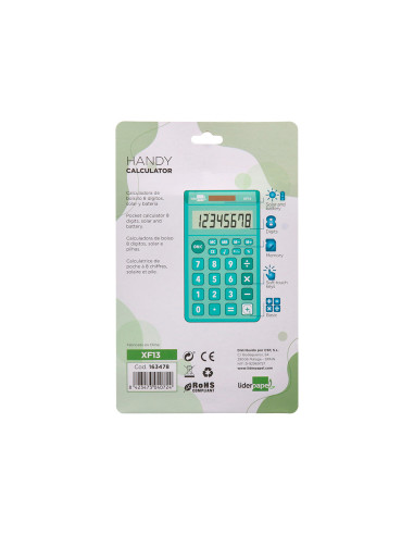 Calculadora liderpapel bolsillo xf13 8 digitos solar y pilas color verde 115x65x8 mm