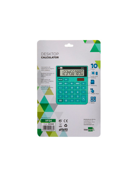 Calculadora liderpapel sobremesa xf24 10 digitos solar y pilas color verde 127x105x24 mm