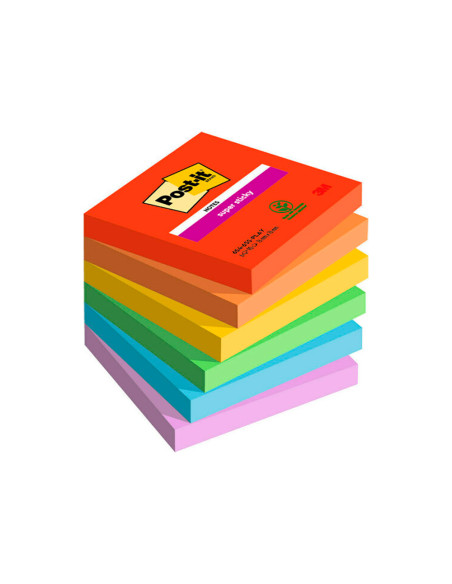 Bloc de notas adhesivas quita y pon post-it super sticky playful 76x76 mm 90 hojas 100% pefc pack de 6 unidades