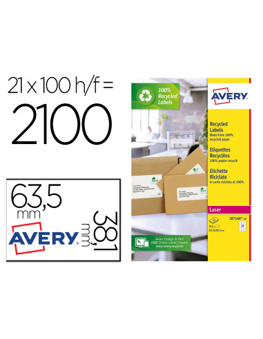 Etiqueta adhesiva avery blanca permanente reciclada 100% laser 63,5x38,1 mm caja de 315 unidades