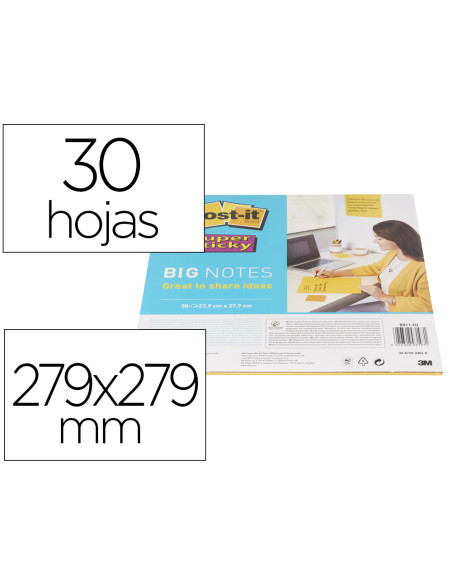 Bloc de notas adhesivas quita y pon post-it super sticky amarillo 30 hojas 279x279 mm