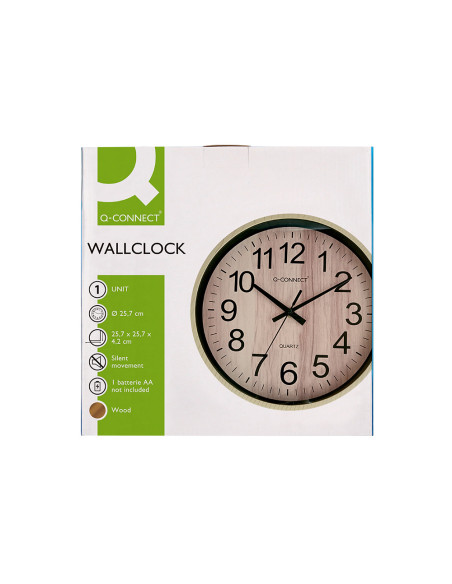 Reloj q-connect de pared de plastico redondo 25,7 cm movimiento silencioso color madera natural