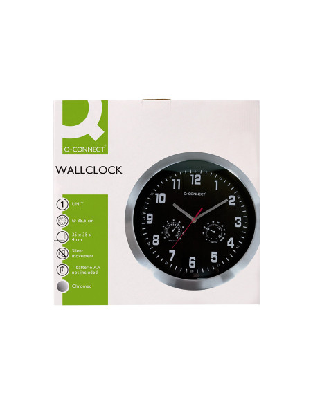 Reloj q-connect de pared metalico redondo 35,5 cm movimiento silencioso color cromado con esfera negra