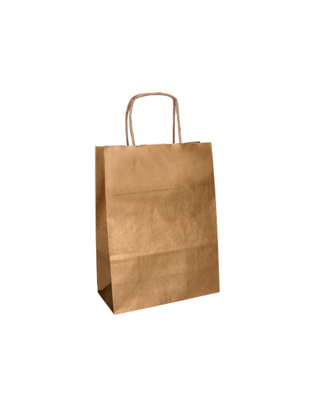 Bolsa papel q-connect kraft natural liso xs con asa retorcida 180x240x80 mm