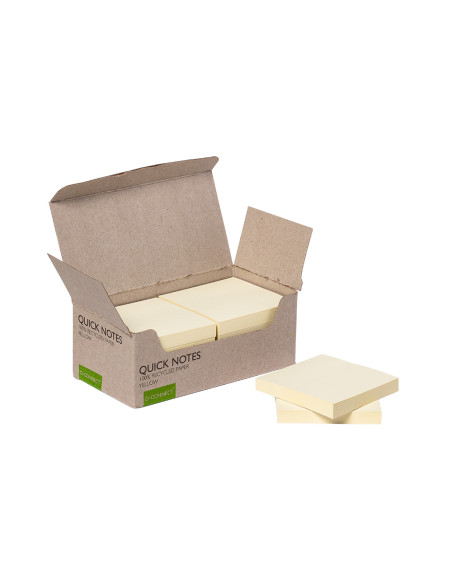 Bloc de notas adhesivas quita y pon q-connect 76x76 mm 100% papel reciclado amarillo en caja de carton