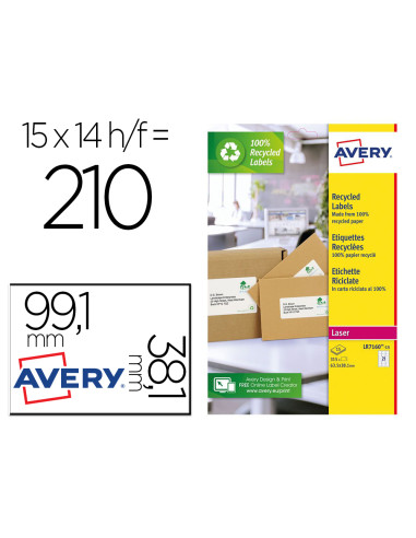 Etiqueta adhesiva avery blanca permanente reciclada 100% laser 99,1x38,1 mm caja de 210 unidades