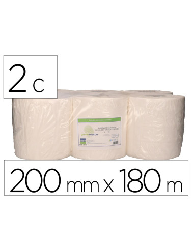 Papel secamanos bunzl greensource 2 capas celulosa blanca 200 mm x 180 mt paquete de 6 rollos