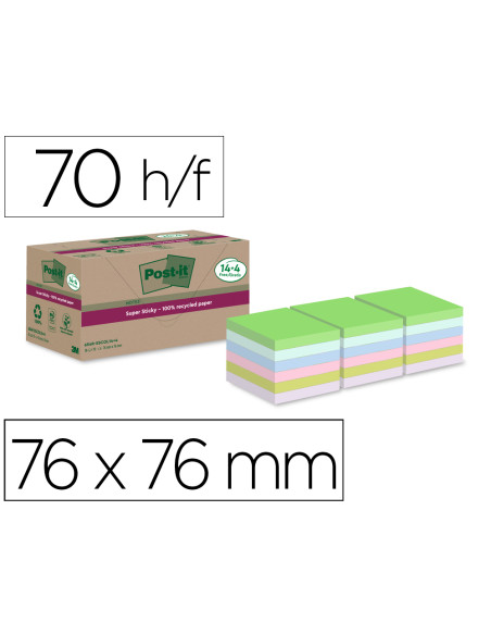 Bloc de notas adhesivas quita y pon post-it super sticky 76x76 mm 70 hojas recicladas paquete de 14 unidades