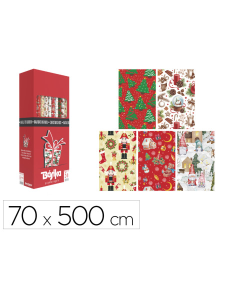 Papel de regalo basika navidad rollo ancho 70 cm longitud 5 m diseños surtidos gramaje 50 gr