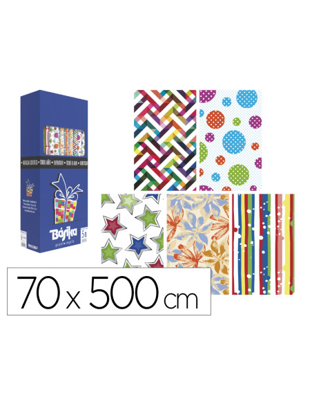 Papel de regalo basika todo año rollo ancho 70 cm longitud 5 m modelos surtidos gramaje 50 gr