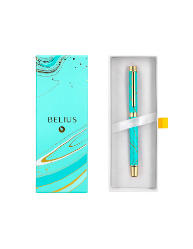 Roller belius aqua aluminio color turquesa y dorado tinta negra caja de diseño