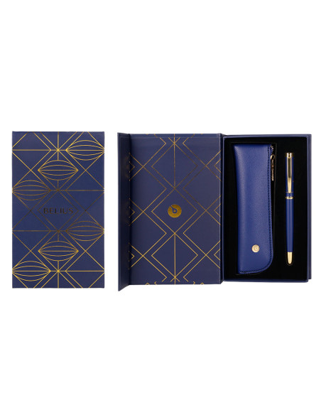 Boligrafo y estuche belius soiree color azul marino y dorado tinta azul caja de diseño