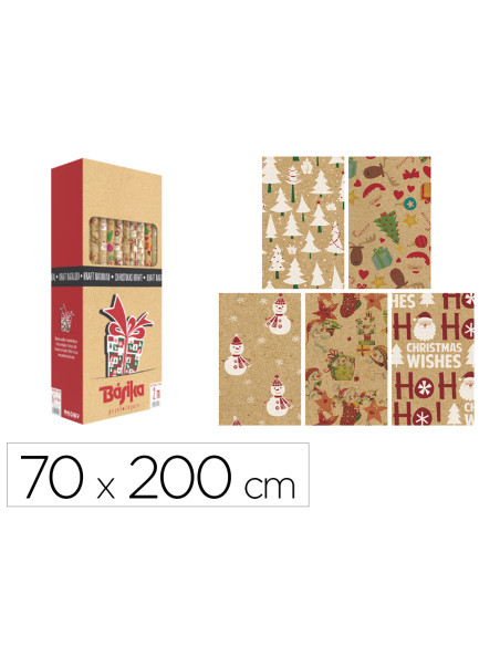 Papel de regalo basika kraft navidad rollo ancho 70 cm longitud 2 m diseños surtidos gramaje 50 gr