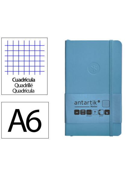 Cuaderno con gomilla antartik notes tapa blanda a6 cuadricula azul claro 100 hojas 80 gr fsc