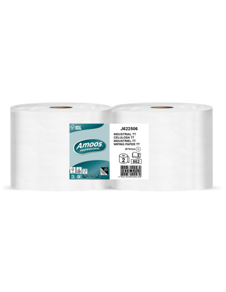 Papel secamanos amoos industrial 2 capas 32g/m2 paquete de 2 rollos