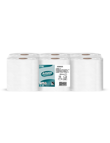 Papel higienico amoos jumbo industrial 2 capas 30g/m2 paquete de 12 rollos