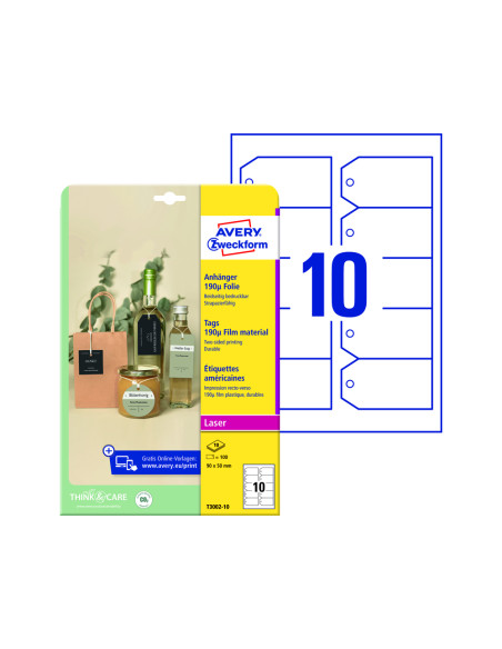 Etiqueta colgante avery blanca 90x50 mm imprimible doble cara plastico 190 mc pack de 100 unidades