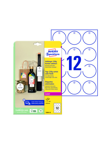 Etiqueta colgante avery blanca 60 mm diametro imprimible doble cara carton 220 gr pack de 120 unidades