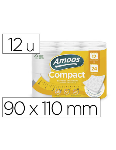 Papel higienico amoos 2 capas 110 mm diametro x 90 mm alto 30 gr/m2 paquete de 12 rollos