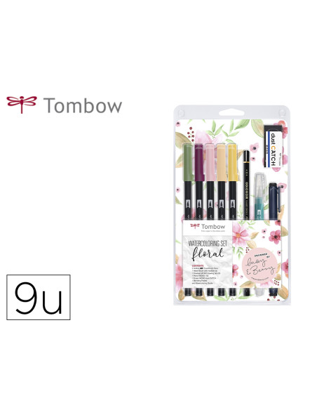 Set watercoloring tombow floral 9 piezas