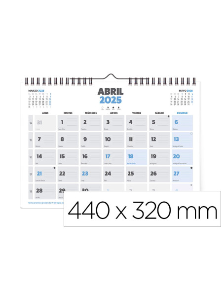 Calendario pared liderpapel clasico 2025 espiral 44x32 cm papel 128 gr