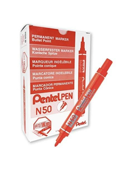 PENTEL PEN MARCADOR PERMANENTE ALUMINIO PUNTA BISELADA ROJO -12U-