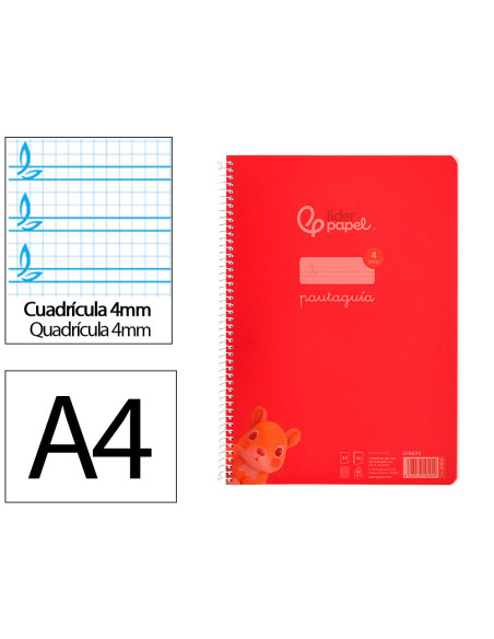 Cuaderno espiral liderpapel din a4 pautaguia tapa plastico80h 90gr cuadro pautado 4mm con margen color rojo