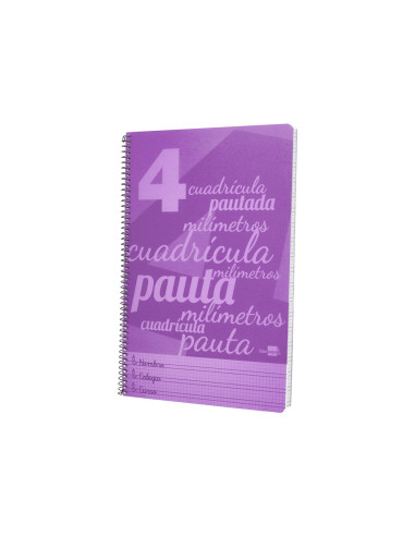 Cuaderno espiral liderpapel din a4 pautaguia tapa plastico80h 90gr cuadro pautado 4mm con margen color lila