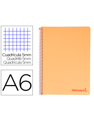 Cuaderno espiral liderpapel a6 micro wonder tapa plastico 120h 90 gr cuadro 5mm 4 bandas color naranja