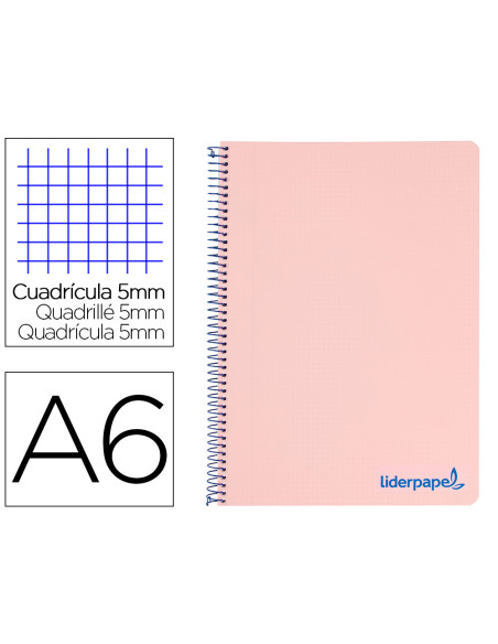 Cuaderno espiral liderpapel a6 micro wonder tapa plastico 120h 90 gr cuadro 5mm 4 bandas color rosa