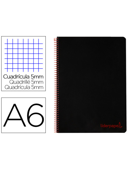 Cuaderno espiral liderpapel a6 micro wonder tapa plastico 120h 90 gr cuadro 5mm 4 bandas color negro