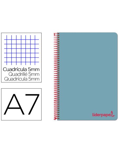 Cuaderno espiral liderpapel a7 micro wonder tapa plastico 100h 90 gr cuadro 5mm 4 bandas color celeste