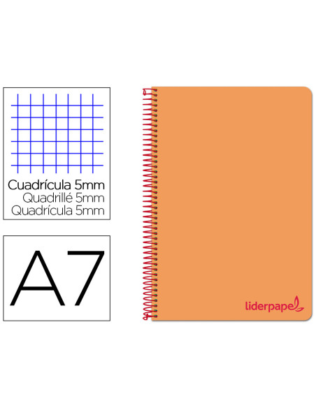 Cuaderno espiral liderpapel a7 micro wonder tapa plastico 100h 90 gr cuadro 5mm 4 bandas color naranja