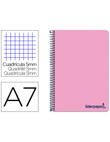 Cuaderno espiral liderpapel a7 micro wonder tapa plastico 100h 90 gr cuadro 5mm 4 bandas color rosa