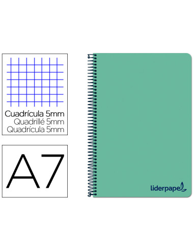 Cuaderno espiral liderpapel a7 micro wonder tapa plastico 100h 90 gr cuadro 5mm 4 bandas color verde