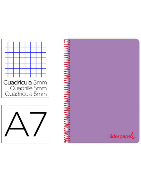 Cuaderno espiral liderpapel a7 micro wonder tapa plastico 100h 90 gr cuadro 5mm 4 bandas color violeta