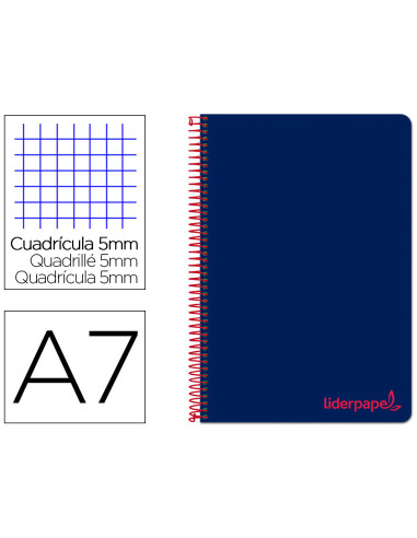 Cuaderno espiral liderpapel a7 micro wonder tapa plastico 100h 90 gr cuadro 5mm 4 bandas color azul marino