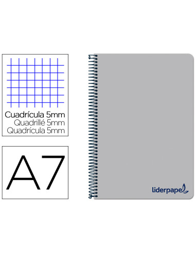 Cuaderno espiral liderpapel a7 micro wonder tapa plastico 100h 90 gr cuadro 5mm 4 bandas color gris