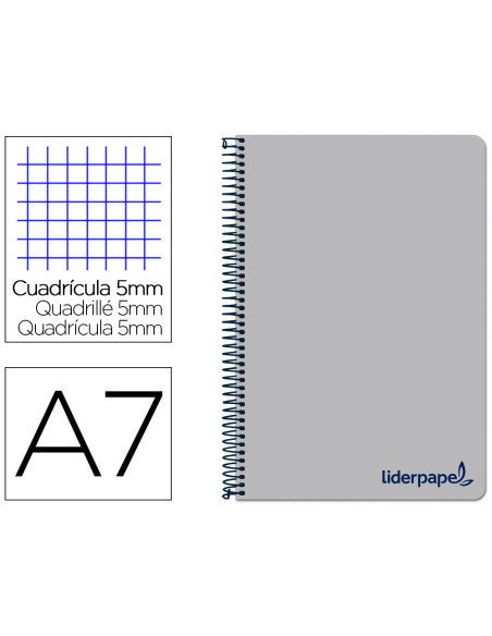 Cuaderno espiral liderpapel a7 micro wonder tapa plastico 100h 90 gr cuadro 5mm 4 bandas color gris