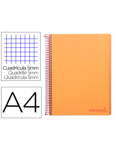 Cuaderno espiral liderpapel a4 micro wonder tapa plastico 120h 90 gr cuadro 5 mm 5 banda4 taladros color naranja