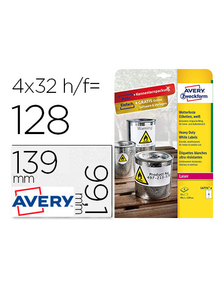 AVERY ETIQUETAS EXTRA RESISTENTES 99,1X139MM LÁSER 4 X 8H POLIÉSTER BLANCO