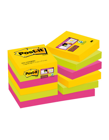 Bloc de notas adhesivas quita y pon post-it super sticky 47,6x47,6 mm con 90 hojas pack de 12 bloc colores