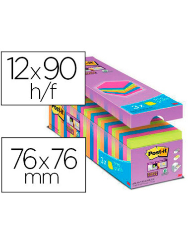 Bloc de notas adhesiva quita y pon post-it super sticky 76x76 mm 90 hojas colores surtidos pack de 21 + 3